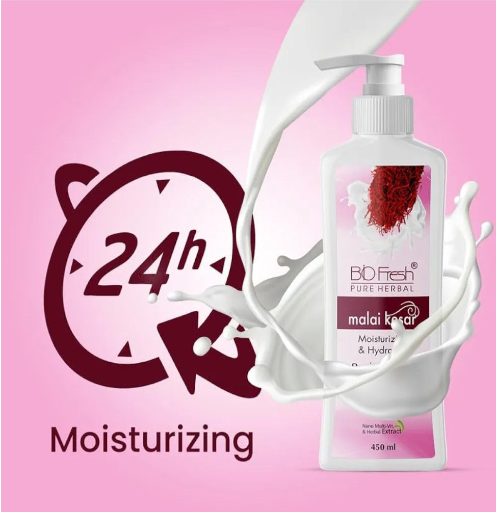 Lotions & Moisturizers- BIOFRESH PURE HERBAL'S Malai Kesar Non-Sticky & Skin Hydrating Body Lotion (24 Hour Moisturizing) 450ml