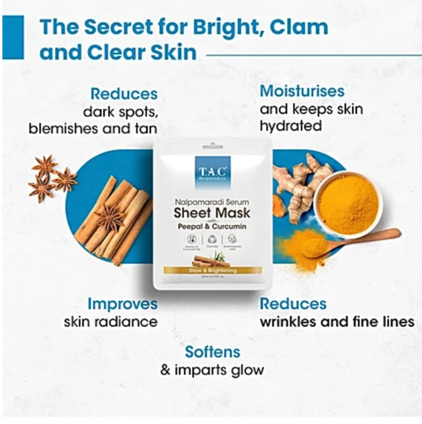 Face Sheet Mask- TAC Ayurveda's Nalpamaradi Serum Sheet Mask with Peepal & Curcumin for Glow & Brightening 22ml