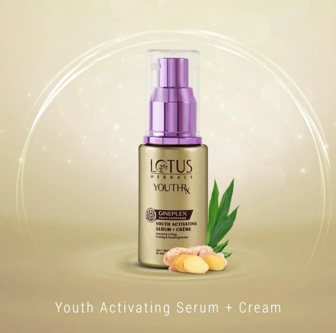 Brightening & Glowing Cream- LOTUS Herbal's YouthRx GINEPLEX Youth Activating Serum+Creme with 10X more Ginplex for Better & Faster Results and Suitable for All Skin Types - 30ml