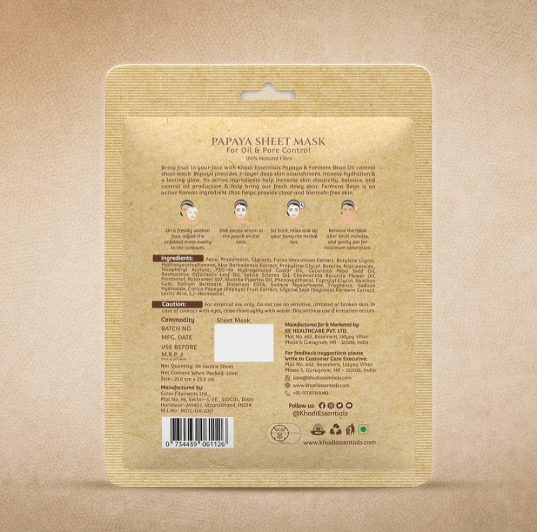 Face Sheet Mask- Khadi Essentials Papaya Sheet Mask with Ferment Beans for Oil & Pore Control 25ml