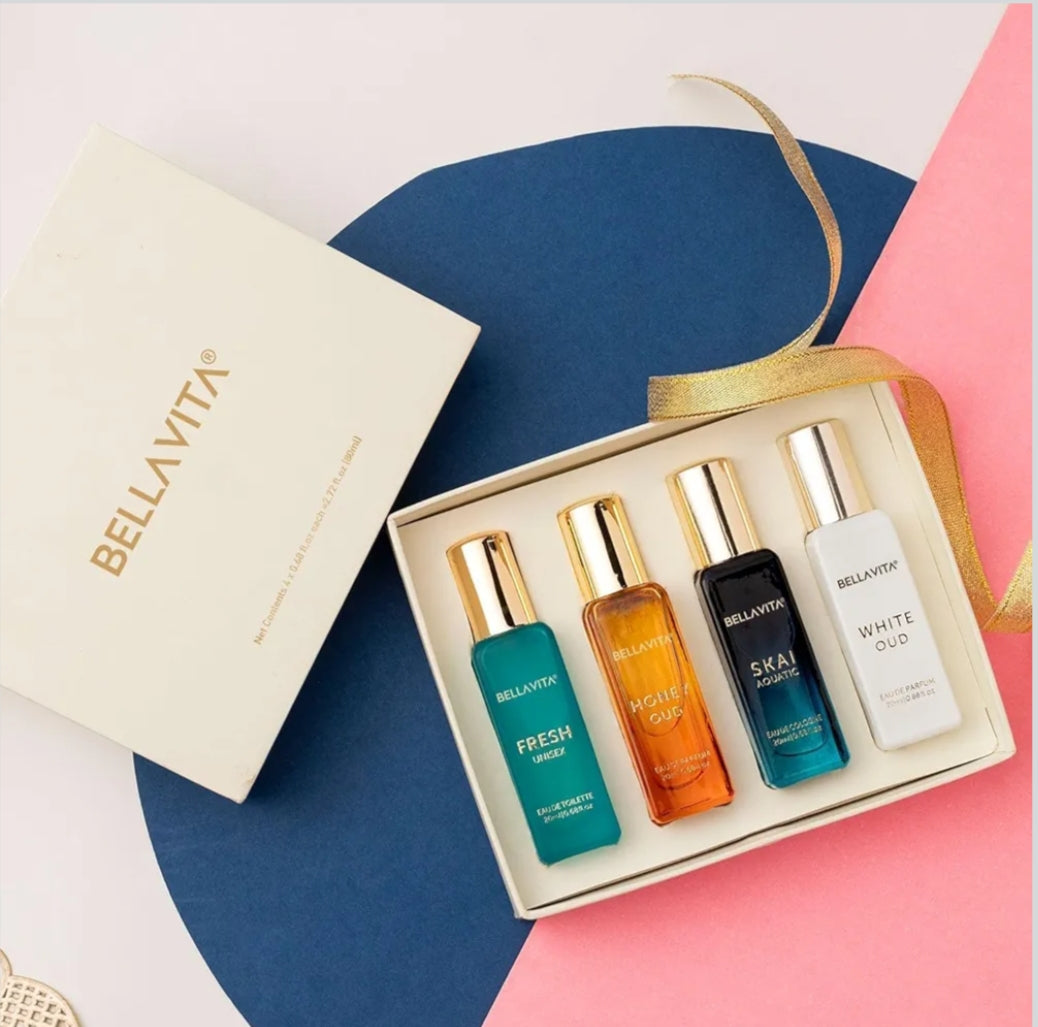 Perfumes & Deodorants- Bella Vita Luxury Long Lasting Unisex Perfume Gift Set 20mlx4 (SKAI, FRESH, WHITE OUD, HONEY OUD) for Man & Woman.
