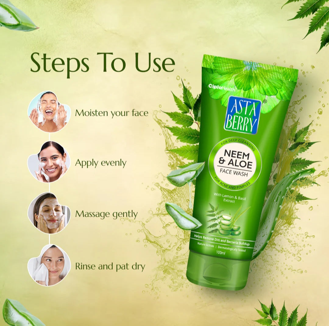 Face Wash- Asta Berry Neem & Aloe Face Wash with Antibacterial & Purifying Properties of Lemon & Basil Extracts 100ml