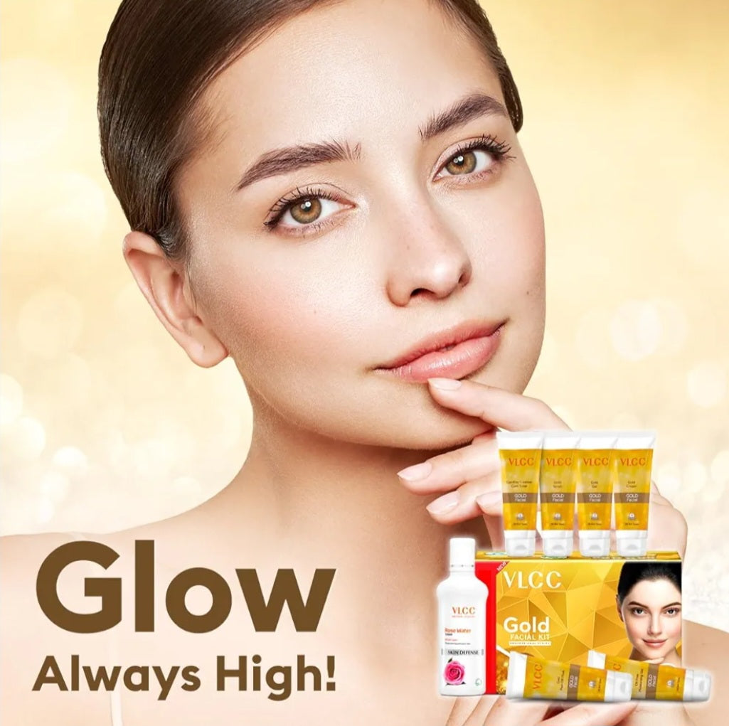 Facial Kit- VLCC Professional's 6-Steps GOLD Facial Kit with Hyaluronic Acid & Aloe Vera for Long-Lasting Golden Glow (300gm) with FREE Rose Water Toner (100ml) worth Rs. 209/-