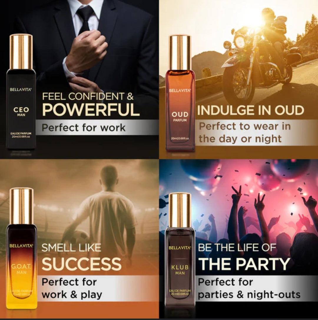 Perfumes & Deodorants- Bella Vita Luxury Long Lasting Men Perfume Gift Set 20mlx4 (KLUB, OUD, CEO, G.O.A.T)