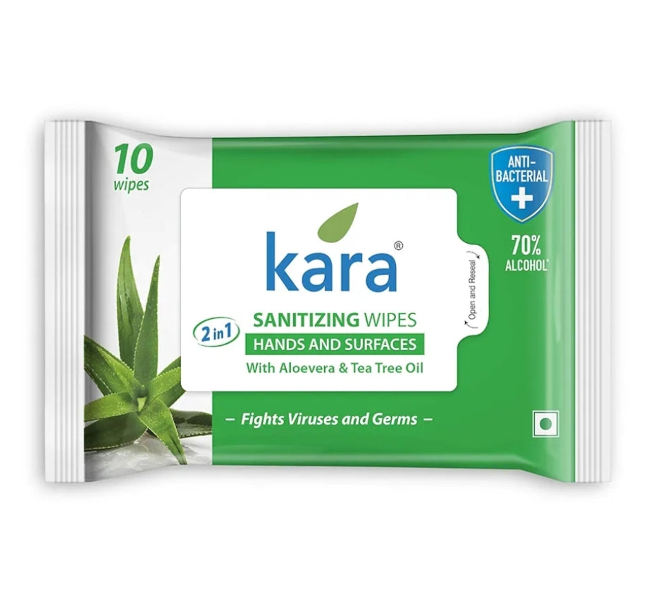 Wipes- Kara 2-in-1 Anti-Bacterial Sanitizing Wipes with Aloe Vera and Tee Tree Oil for Hands & Surfaces which Fights Viruses and Germs - Pack of 10 Pieces
