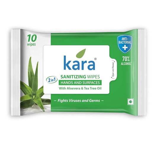 Wipes- Kara 2-in-1 Anti-Bacterial Sanitizing Wipes with Aloe Vera and Tee Tree Oil for Hands & Surfaces which Fights Viruses and Germs - Pack of 10 Pieces