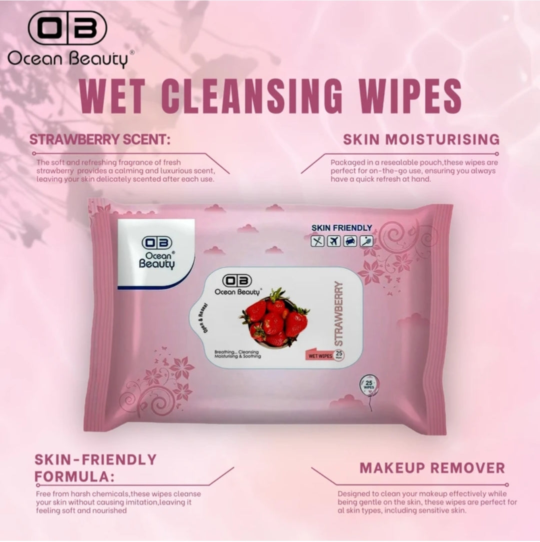 Wipes- Ocean Beauty Strawberry flavoured Wet Wipes for Cleansing, Moisturizing, Soothing and Breathing Skin - Pack of 25 Wipes