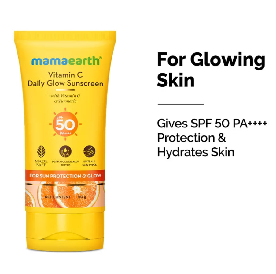 Sunscreen- Mamaearth Vitamin-C Daily Glow Sunscreen with the power of Turmeric (SPF 50 PA++++) 50gm