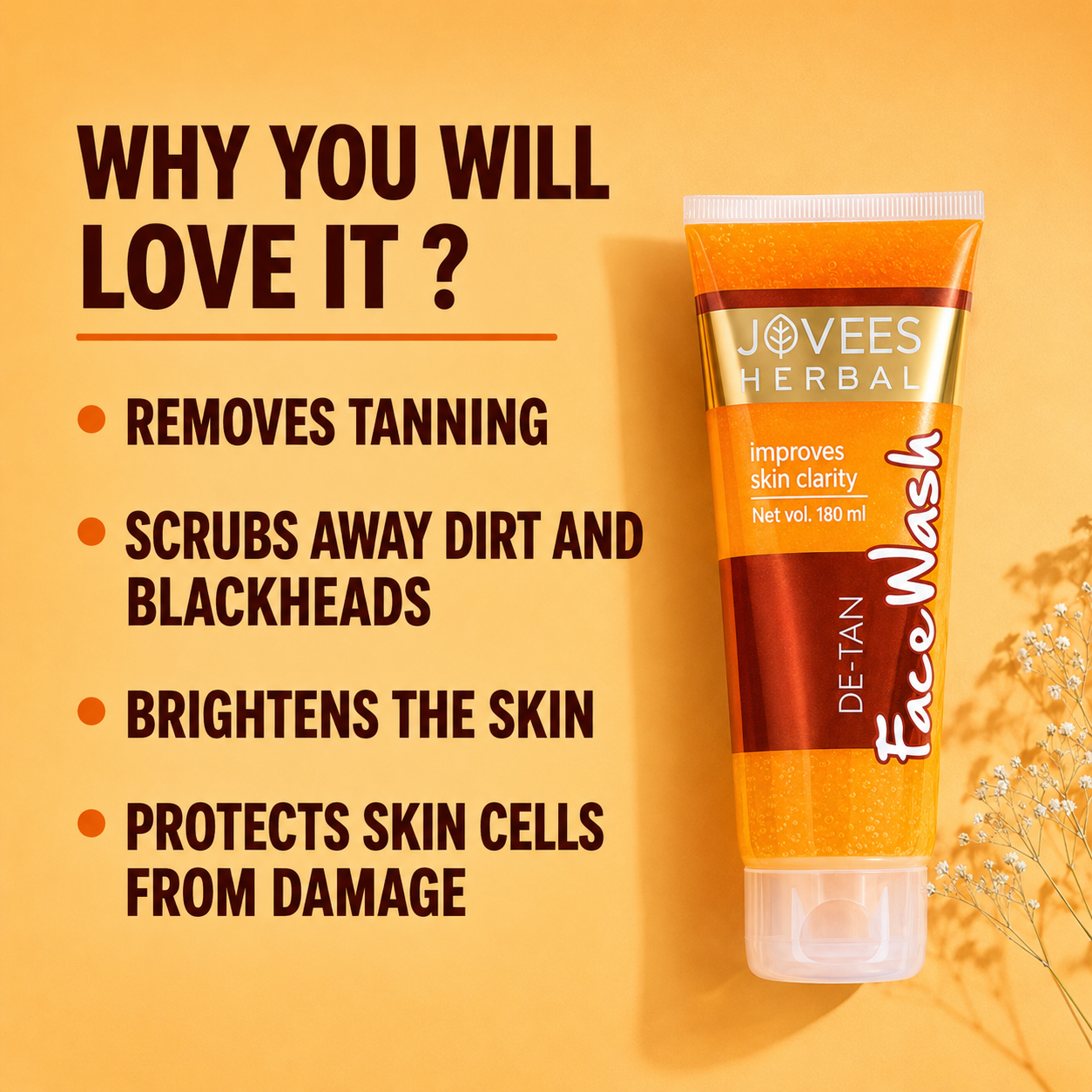 Face Wash- JOVEES Herbal's De-Tan Face Wash with a Powerful Blend of AloeVera, Green Tea, Carrot, Sweet Cherry, Liquorice and Bearberry extracts which Gently Removes Tan and Improves Skin Clarity - 120ml