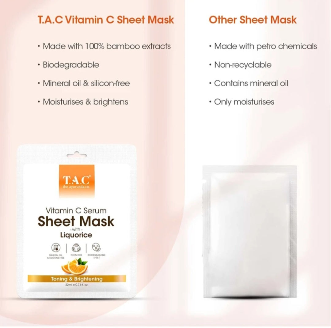 Face Sheet Mask- TAC Ayurveda's Vitamin-C Serum Sheet Mask with Liquorice for Toning & Brightening 22ml