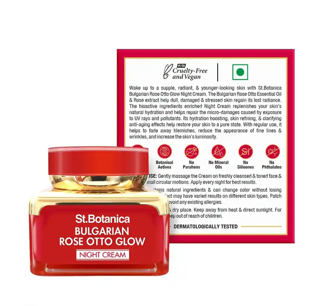 Brightening & Glowing Cream- St.Botanica Bulgarian Rose Otto Glow Night Cream which Hydrates & Nourishes the Skin 50gm