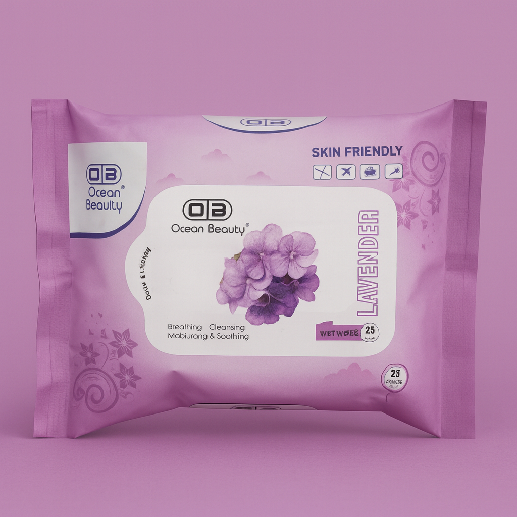 Wipes- Ocean Beauty Lavender Fragranced Wet Wipes for Cleansing, Moisturizing, Soothing and Breathing Skin - Pack of 25 Wipes