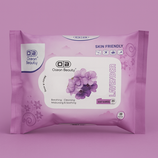 Wipes- Ocean Beauty Lavender Fragranced Wet Wipes for Cleansing, Moisturizing, Soothing and Breathing Skin - Pack of 25 Wipes