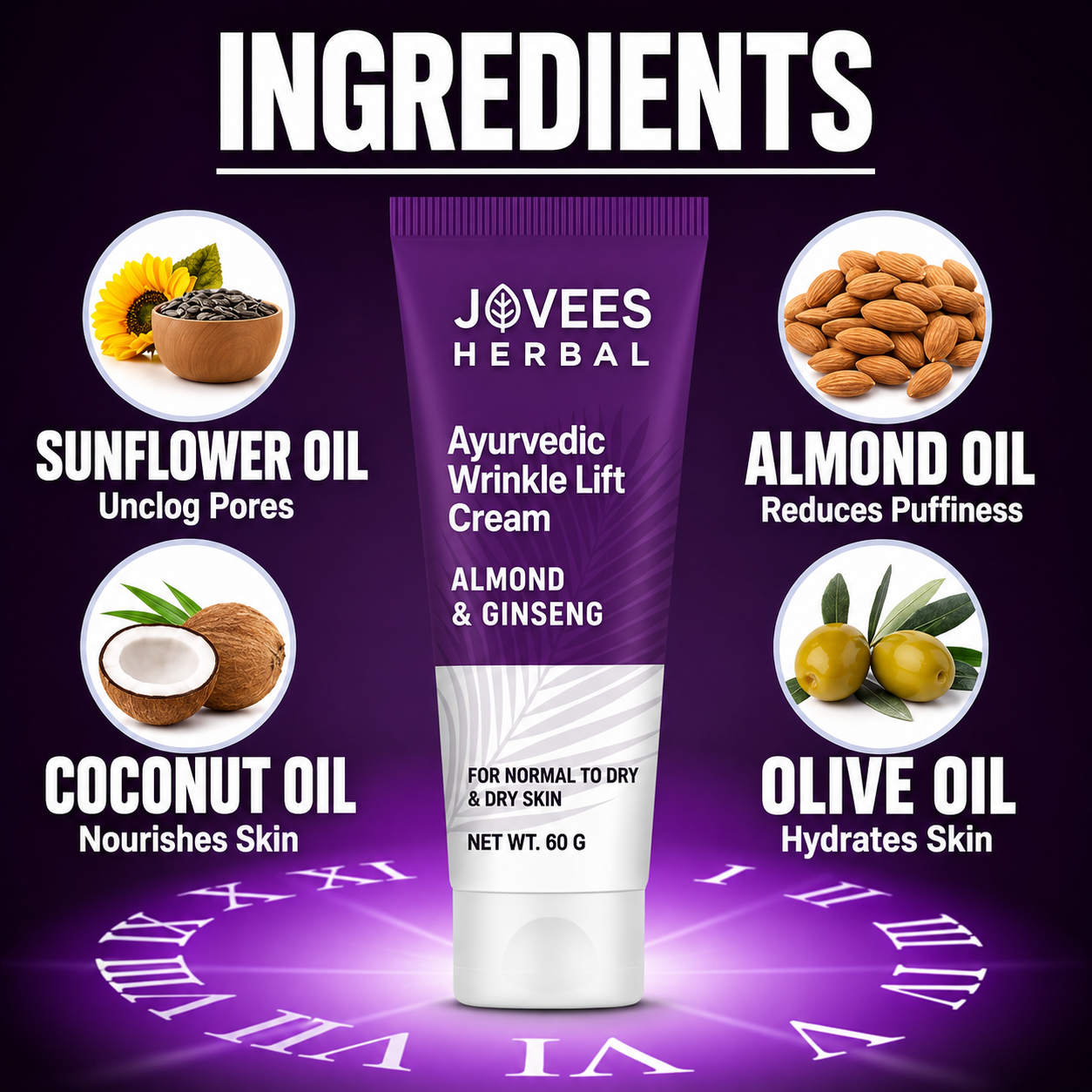 Face Treatment Cream- JOVEES Herbal's Ayurvedic Wrinkle Lift Cream enriched with Almond & Ginseng which Reduces the Wrinkles and is suitable for Normal to Dry Skin - 60gm