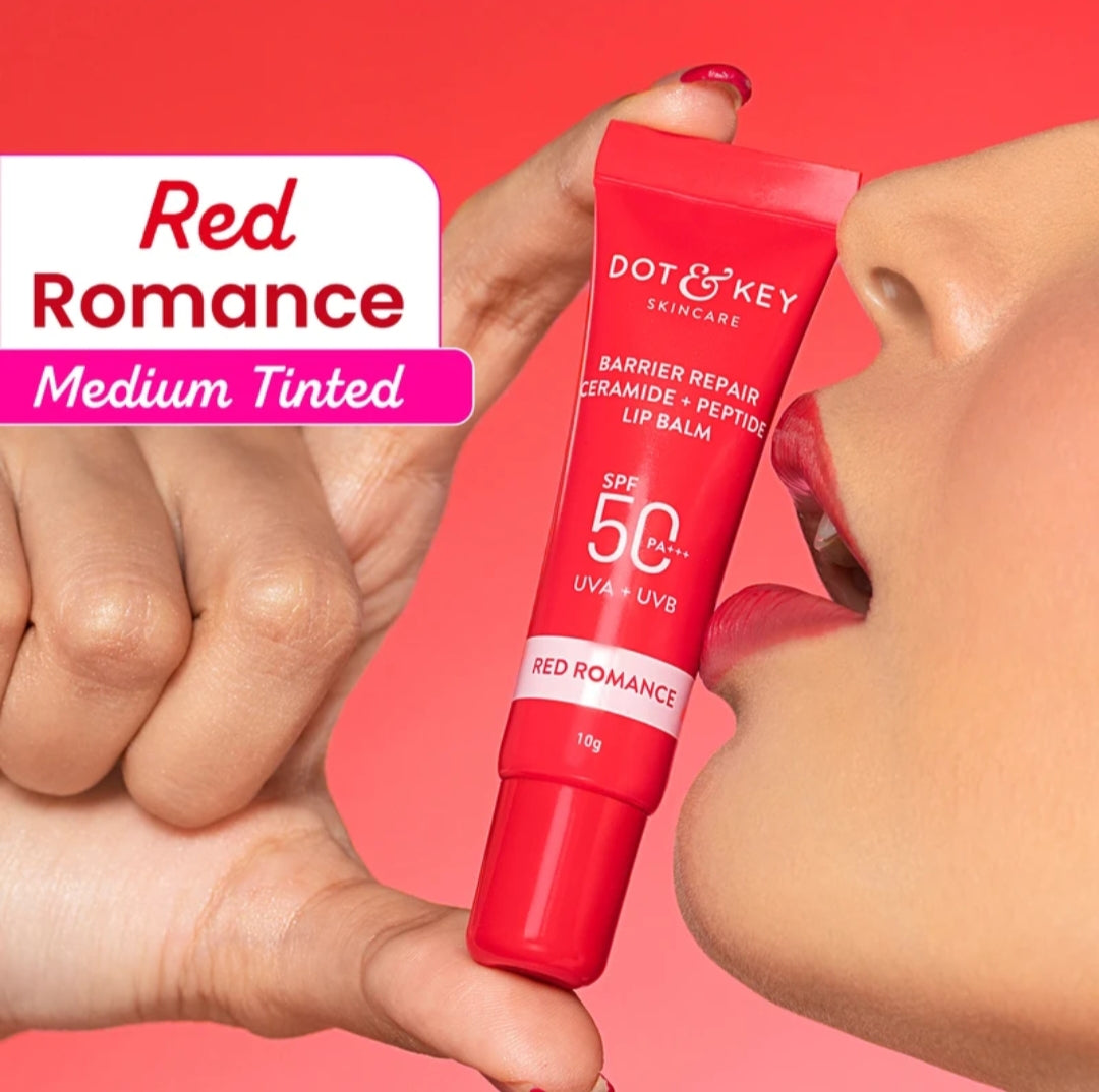 Lip Balm- Dot & Key Barrier Repair (Ceramide+Peptide) SPF 50 PA+++ (UVA & UVB) Red Romance Strawberry Lip Balm 10gm