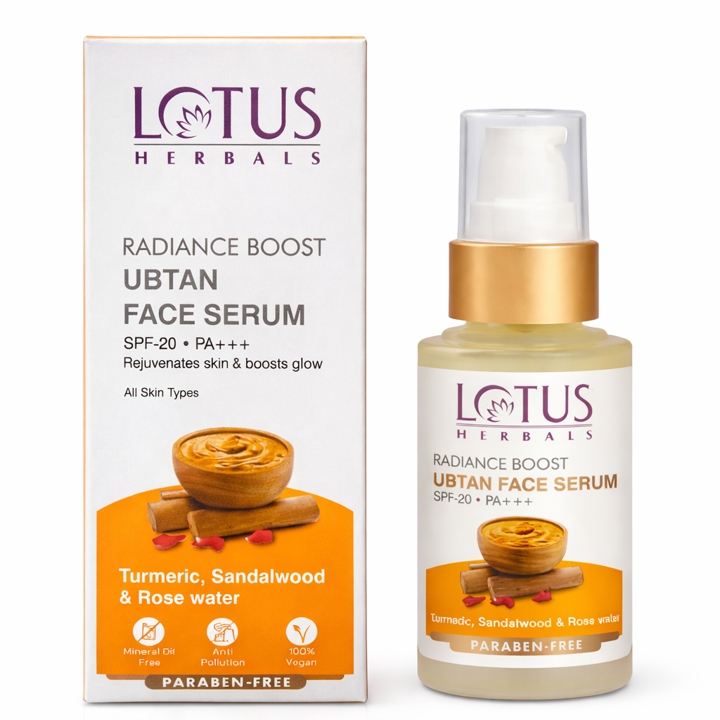 Face Serum- Lotus Herbal's Radiance Boost Paraben free Ubtan Face Serum with SPF-20 PA+++ enriched with Turmeric, Sandalwood & Rose Water which Rejuvenates Skin, Boosts Glow & Reduces Dark Spots, and is suitable for All Skin Types -30ml