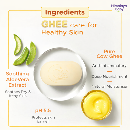 Bathing Soap- Himalaya's Chemical Free Baby Bar with Pure Cow Ghee & Aloevera for Baby's Sensitive Skin from Day 1 which Gently Cleanses, Moisturizes and Calms Dry Skin - 75gm