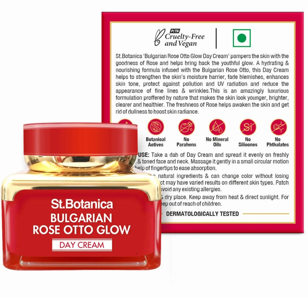 Brightening & Glowing Cream- St.Botanica Bulgarian Rose Otto Glow Day Cream with SPF-30 UVA/UVB Protection 50gm