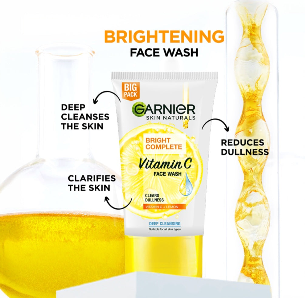 Face Wash- GARNIER Bright Complete Vitamin-C Face Wash which Clears Dullness and Enhances Glow 150gm