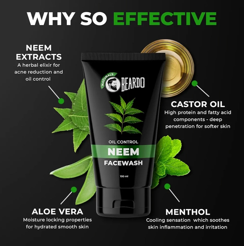 Face Wash- BEARDO Purifying Neem Oil Control Face Wash which Fights from Acne & Pimples, Soothes & Heals your Skin and gives you a Glowing Skin 100ml