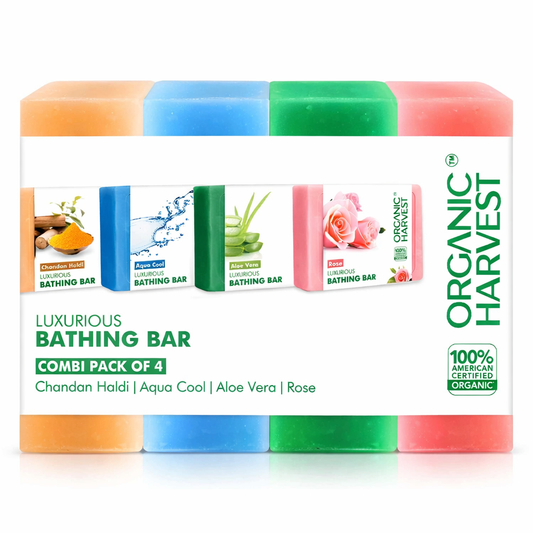 Bathing Soap- Organic Harvest's Luxurious Bathing Bar Combo Pack of 4 Soaps (1. Aloevera, 2. Aqua Cool, 3. Chandan Haldi & 4. Rose - 200gm (50gm x 4)
