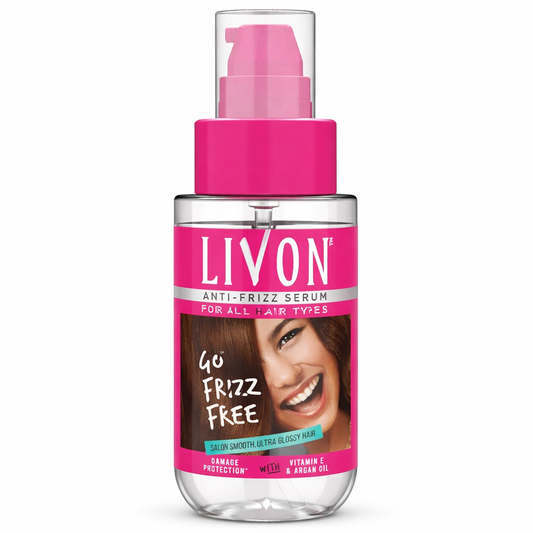 Hair Serum- Livon "Go Frizz Free" Anti-Frizz Hair Serum enriched with Vitamin E & Argan Oil, provides damage protection, and is suitable for all hair types - 100ml