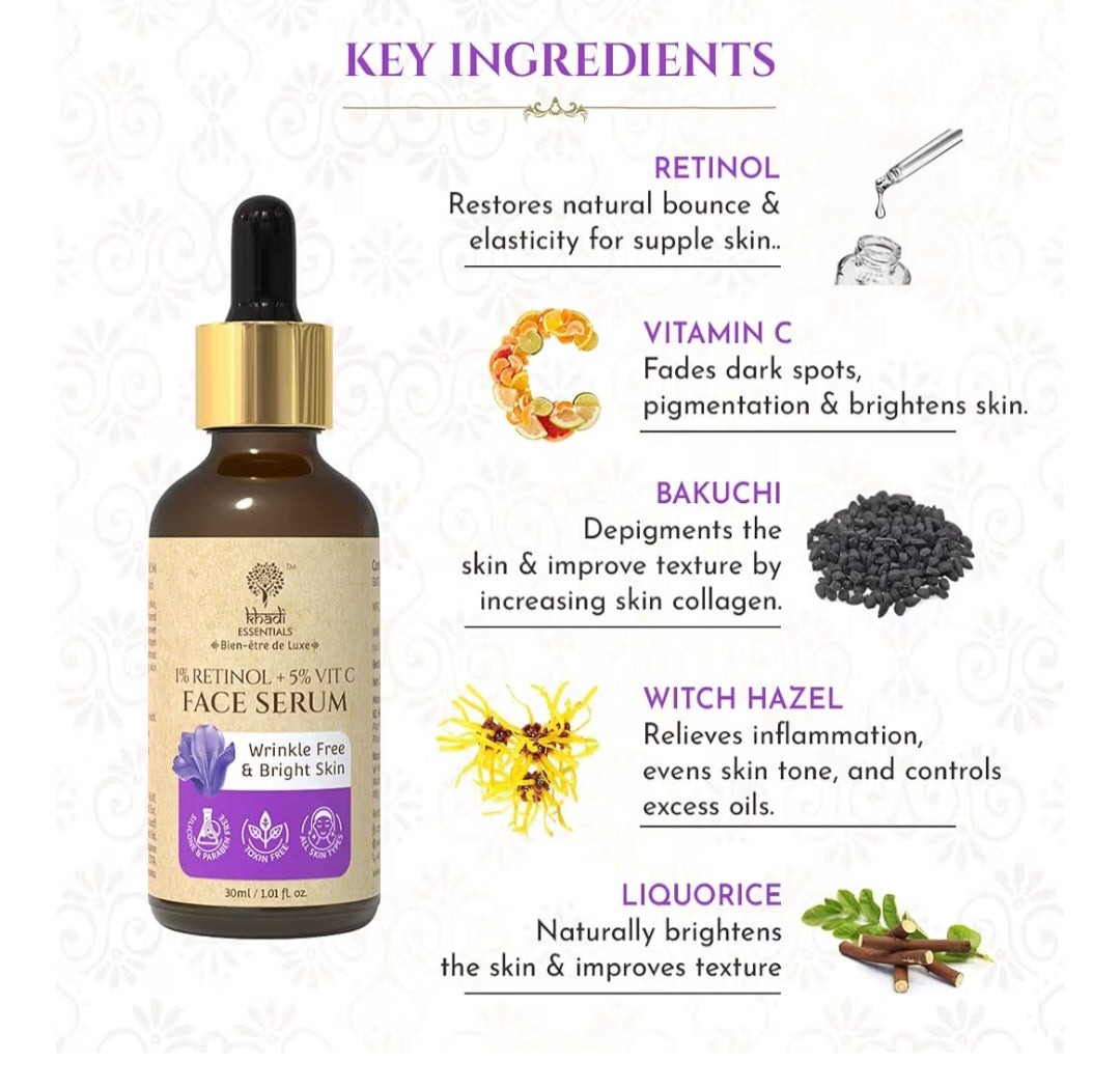 Face Serum- Khadi Essential's 1% Retinol + 5% Vitamin-C Face Serum enriched with Bakuchi for Wrinkle Free & Bright Skin - 30ml