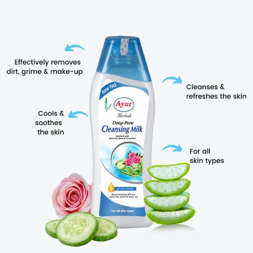 Cleansing Milk- Ayur Herbal's pH Balanced Deep Pore Cleansing Milk enriched with Aloevera, Rose & Cucumber for All Skin Types - 100ml