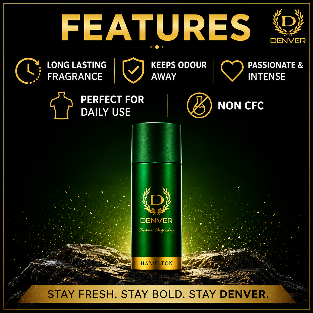 Perfumes & Deodorants- DENVER Hamilton Green Deodorant Body Spray for Long-Lasting Fragrance - 150ml
