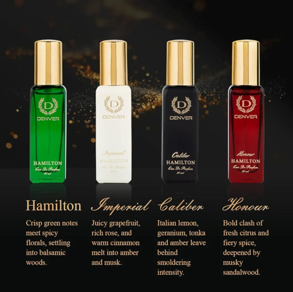 Perfumes & Deodorants- DENVER Exclusive Collection of 4 Magical Long Lasting Perfumes (Hamilton, Imperial, Caliber & Golden Sands) 80ml (20ml each)