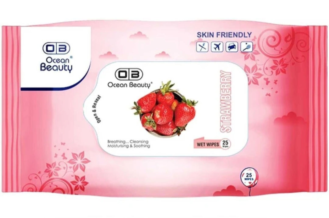 Wipes- Ocean Beauty Strawberry flavoured Wet Wipes for Cleansing, Moisturizing, Soothing and Breathing Skin - Pack of 25 Wipes