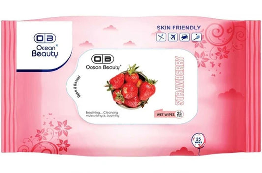 Wipes- Ocean Beauty Strawberry flavoured Wet Wipes for Cleansing, Moisturizing, Soothing and Breathing Skin - Pack of 25 Wipes