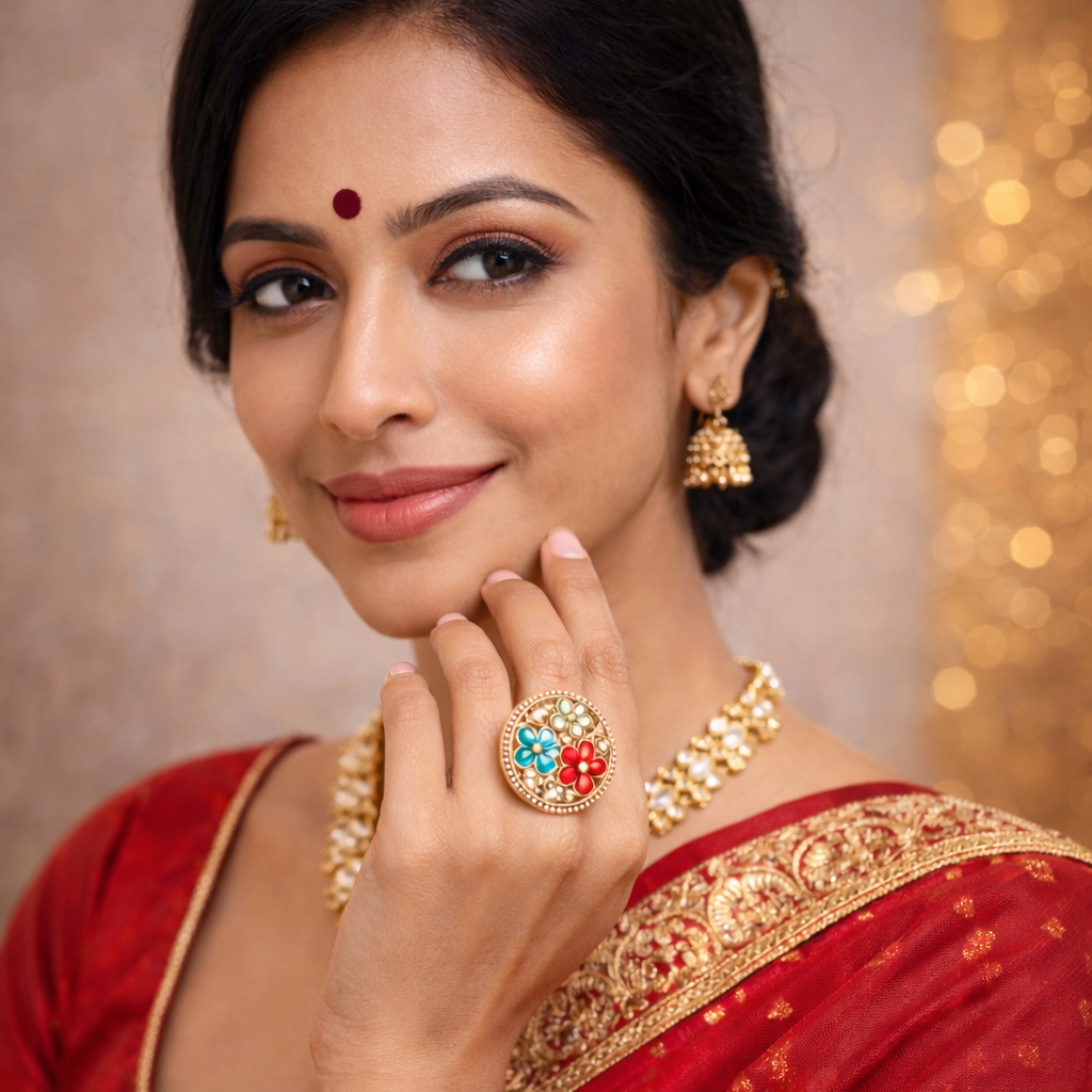 Artificial Jewellery - Finger Rings - Elegant floral designer ring featuring multicolor enamel flowers and sparkling crystals. Gold-plated finish with a stylish, eye-catching look