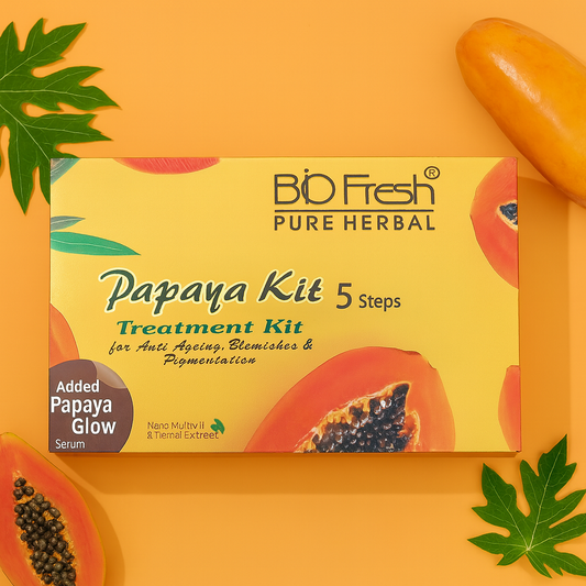 Facial Kit- BIO-FRESH Pure Herbal's 5 Steps (Scrub+Cream+ Gel+Pack+Glow Serum) Papaya Treatment Kit for Anti-Ageing, Blemish & Pigmentation - 90ml