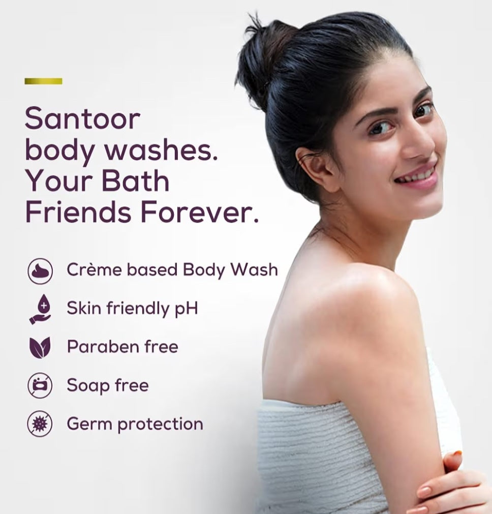 Body Wash & Shower Gel- Santoor Hydrating Body Wash enriched with Virgin Coconut Oil & Moringa Extracts for Hydrated and Fragrant Skin which gives 99% Germ Protection - 230ml