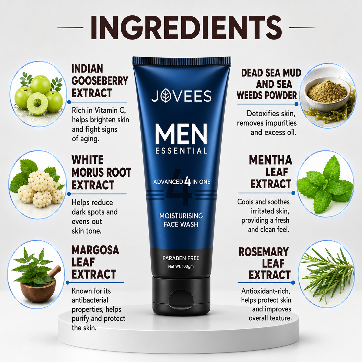 Face Wash- JOVEES Herbal's Paraben Free Advanced 4-in-1 Moisturizing Face Wash for Men - 100gm