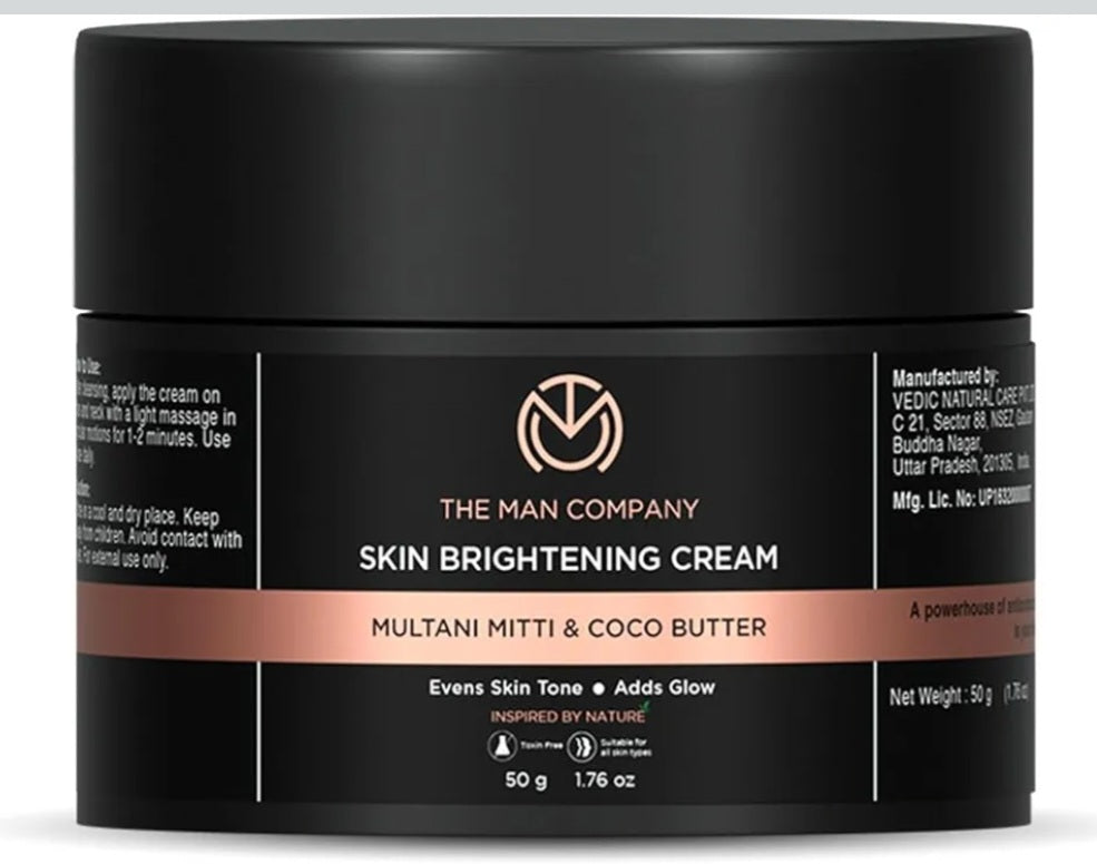 Brightening & Glowing Cream- The Man Company's Skin Brightening Cream with Multani Mitti & Coco Butter For Men which Evens Skin Tone & Adds Glow 50gm