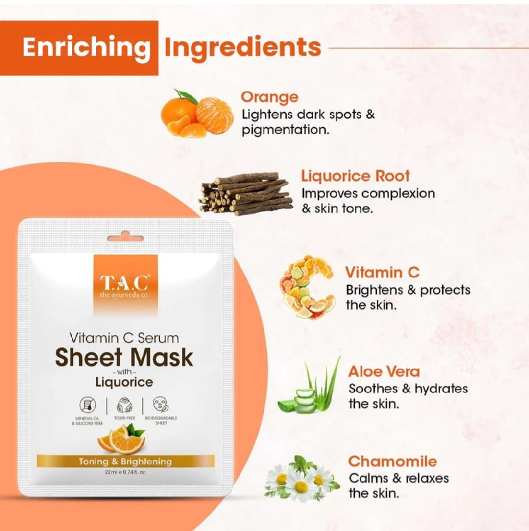 Face Sheet Mask- TAC Ayurveda's Vitamin-C Serum Sheet Mask with Liquorice for Toning & Brightening 22ml