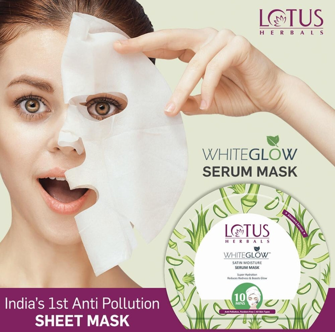 Face Sheet Mask- Lotus Herbals WhiteGlow Satin Moisture Serum Face Sheet Mask enriched with Aloevera Extract which Reduces Redness & Boost Glow with Super Hydration in 10 Minutes - 20gm