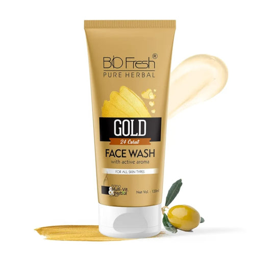 Face Wash- BIO-FRESH Pure Herbal 24 Carat GOLD Face Wash with Active Aroma and Nano Multi-Vit Herbal Extract for All Skin Types 120ml