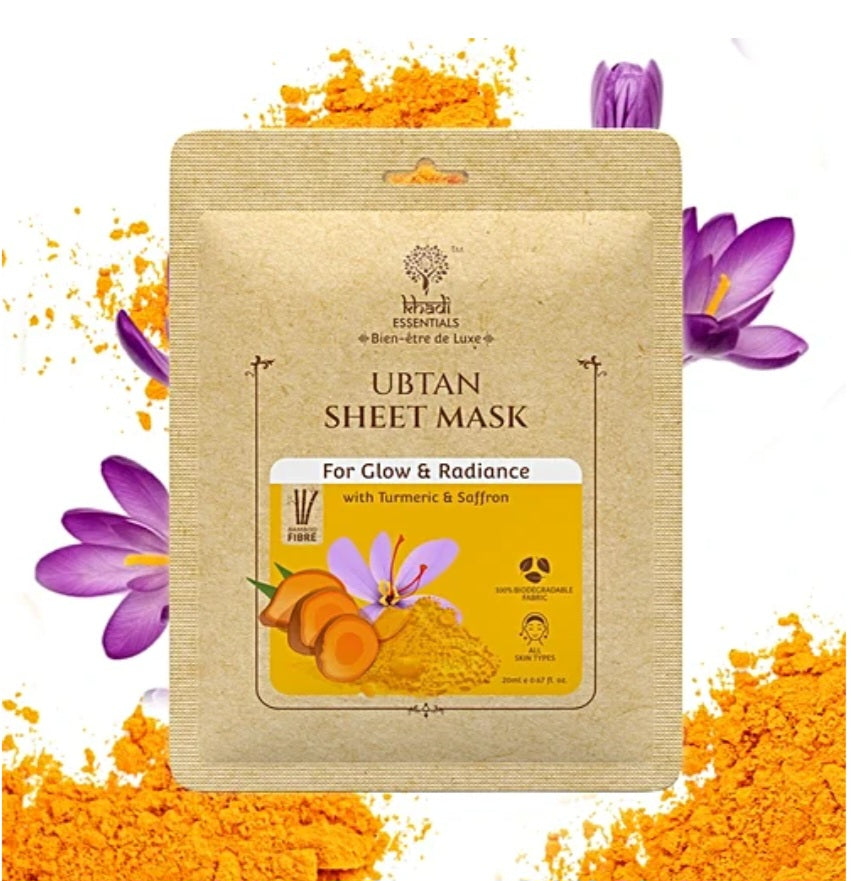 Face Sheet Mask- Khadi Essentials Ubtan Sheet Mask with Turmeric & Saffron for Glow & Radiance 25ml