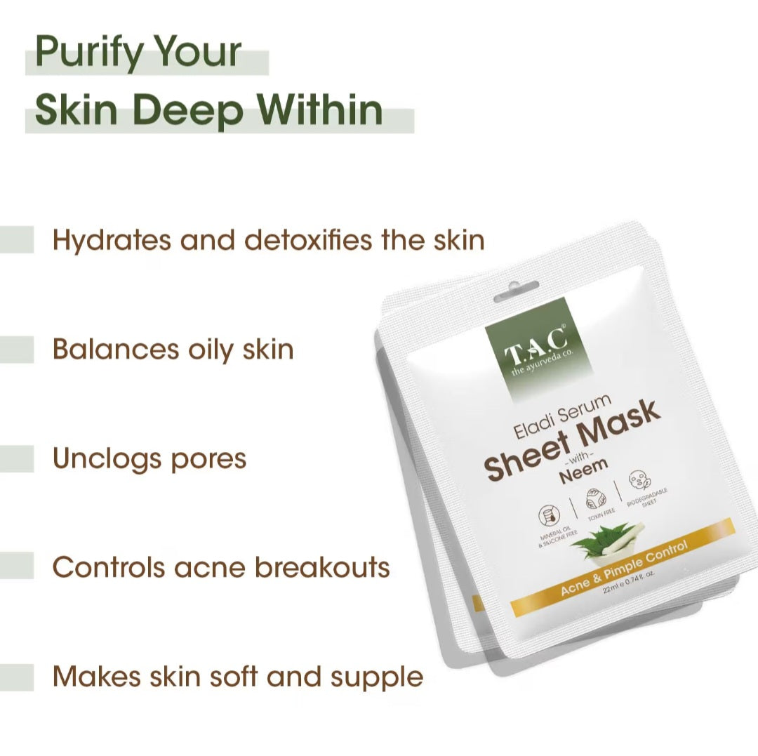 Face Sheet Mask- TAC Ayurveda's Eladi Serum Sheet Mask with Power of Neem which Controls Acne & Pimple 22ml