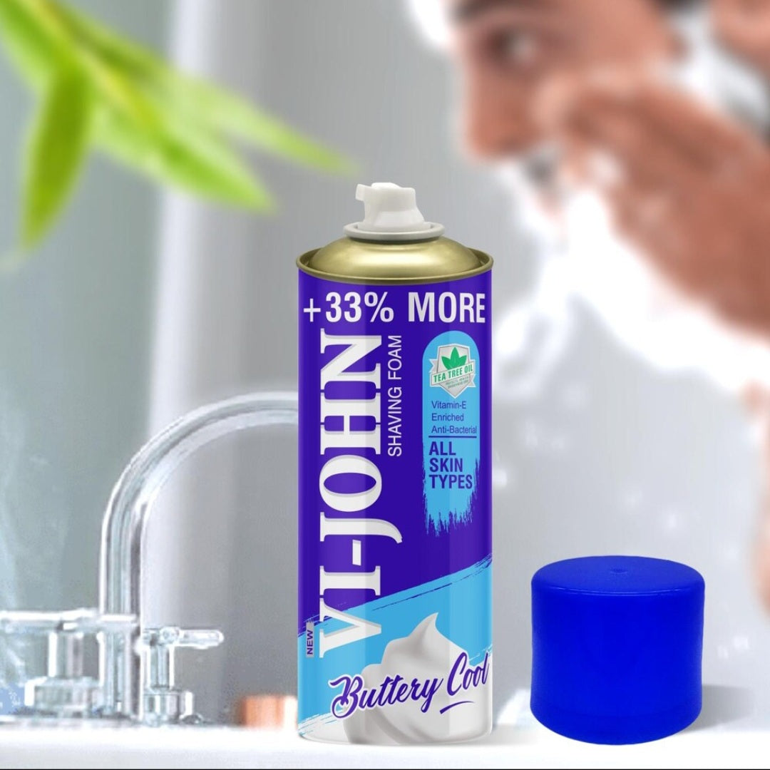 Shaving Foam- Vi-John Buttery Cool Shaving Foam enriched with Vitamin-E & Anti-Bacterial Goodness of Tea Tree Oil, Suitable for All Skin Types - 400gm (300gm +100gm Free)