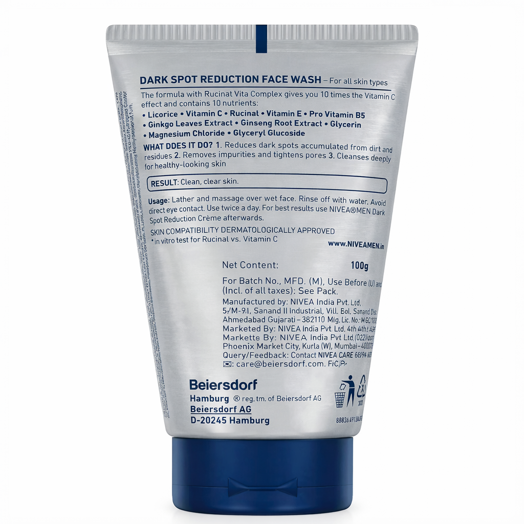 Face Wash- NIVEA MEN'S Dark Spot Reduction Face Wash with 10X Vitamin-C Effect for Clean & Clear Skin - 100gm