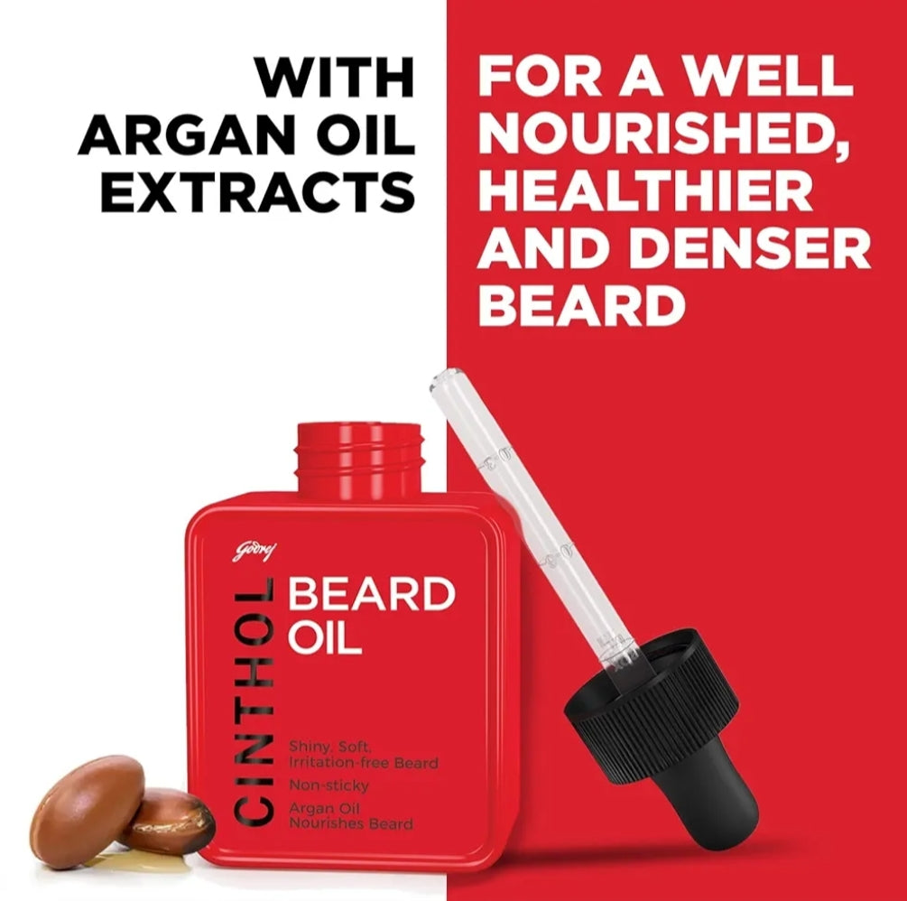 Men's Shaving, Styling and Grooming- Godrej Cinthol Non-Sticky Beard Oil enriched with Argan Oil which Nourishes, Moisturizes and gives you Shiny, Soft & Irritation-Free Beard 35ml