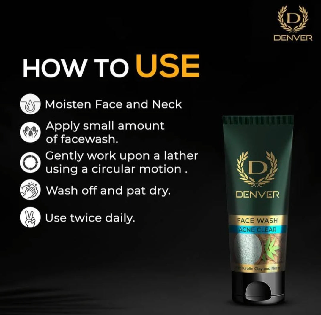 Face Wash- DENVER Acne Clear Face Wash with Kaolin Clay and Neem 50gm