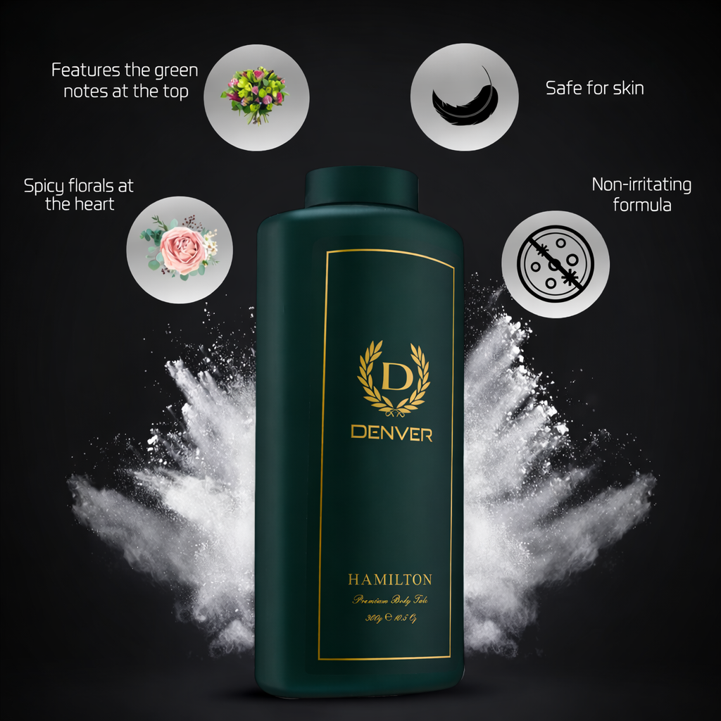 Face & Body Powder- DENVER Hamilton Premium Body Talc with blend of fresh green and spicy floral notes which creates a masculine fragrance - 300gm