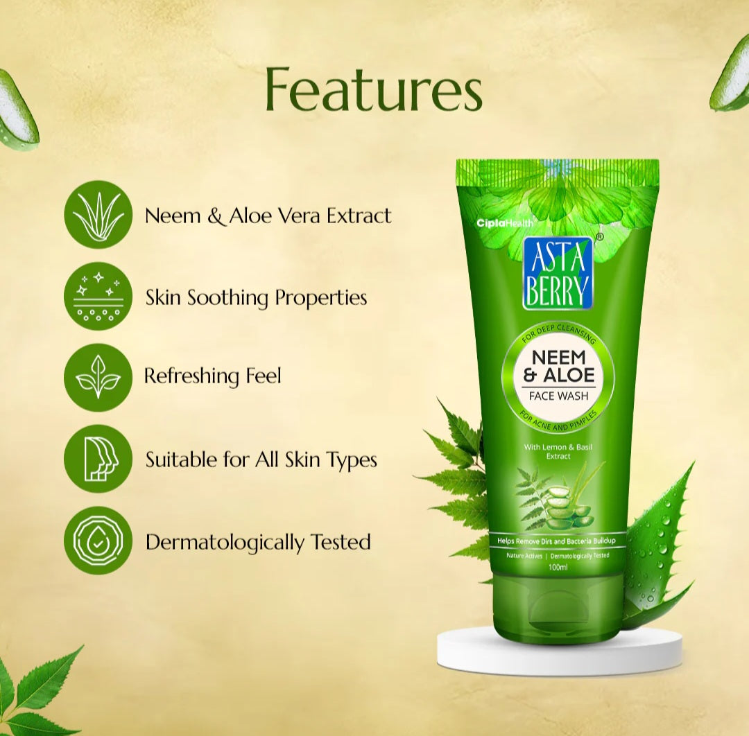 Face Wash- Asta Berry Neem & Aloe Face Wash with Antibacterial & Purifying Properties of Lemon & Basil Extracts 100ml