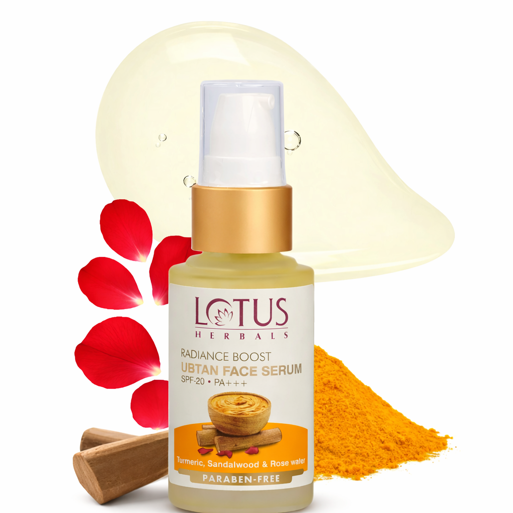 Face Serum- Lotus Herbal's Radiance Boost Paraben free Ubtan Face Serum with SPF-20 PA+++ enriched with Turmeric, Sandalwood & Rose Water which Rejuvenates Skin, Boosts Glow & Reduces Dark Spots, and is suitable for All Skin Types -30ml