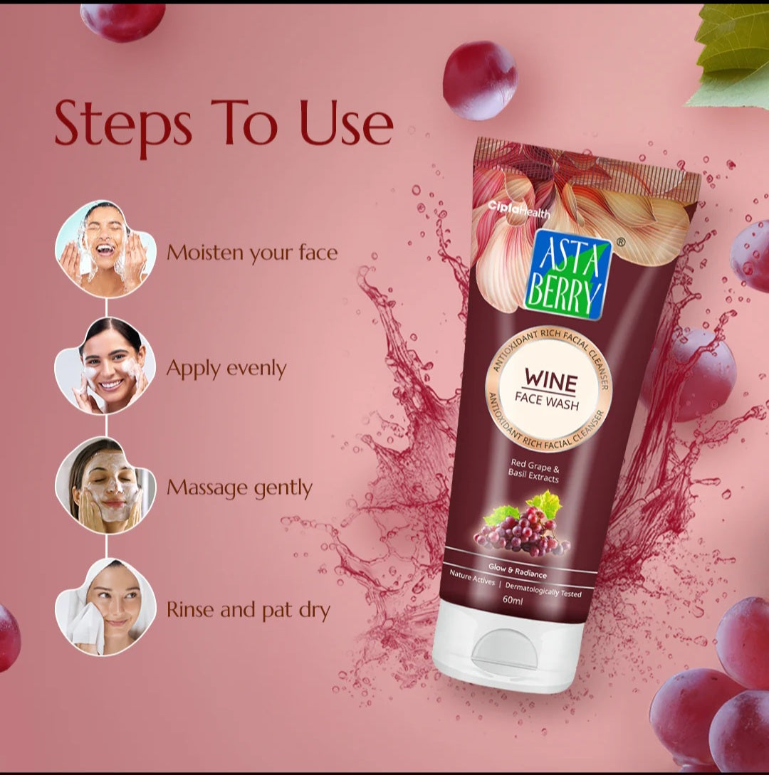 Face Wash- Asta Berry Wine Face Wash with Red Grapes & Basil Extract for Natural Glow & Radiance 100ml